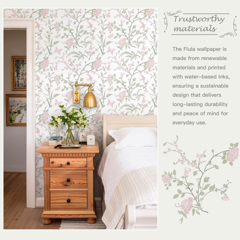 Fiula Floral Wallpaper Pink/Green Wallpaper Vintage Peel and Stick Wall Paper Boho Botanical Contact Paper for Cabinets Bird Butterfly Renter Friendly Self-Adhesive Bathroom Bedroom 78.7"Ã—17.3" - Image 2