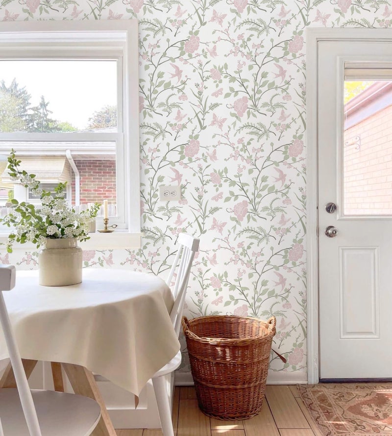 Fiula Floral Wallpaper Pink/Green Wallpaper Vintage Peel and Stick Wall Paper Boho Botanical Contact Paper for Cabinets Bird Butterfly Renter Friendly Self-Adhesive Bathroom Bedroom 78.7"Ã—17.3" - Image 3