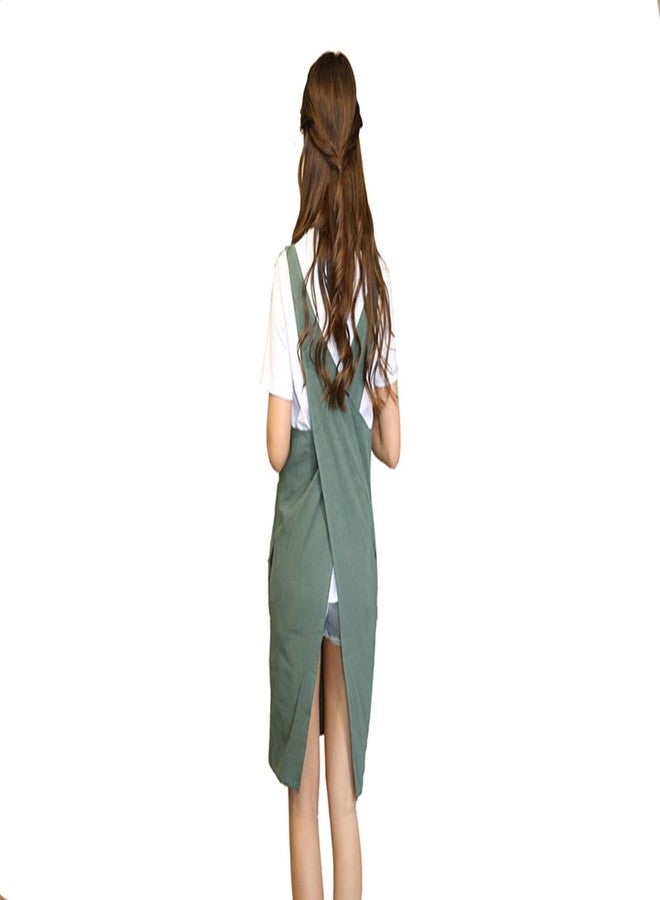 KKTOCHVC KKTech Japan Style Apron - Soft Cotton Linen Apron with X Shape, Solid Color, Halter Cross Bandage, Two Side Pockets (Greyish Green) - Image 1