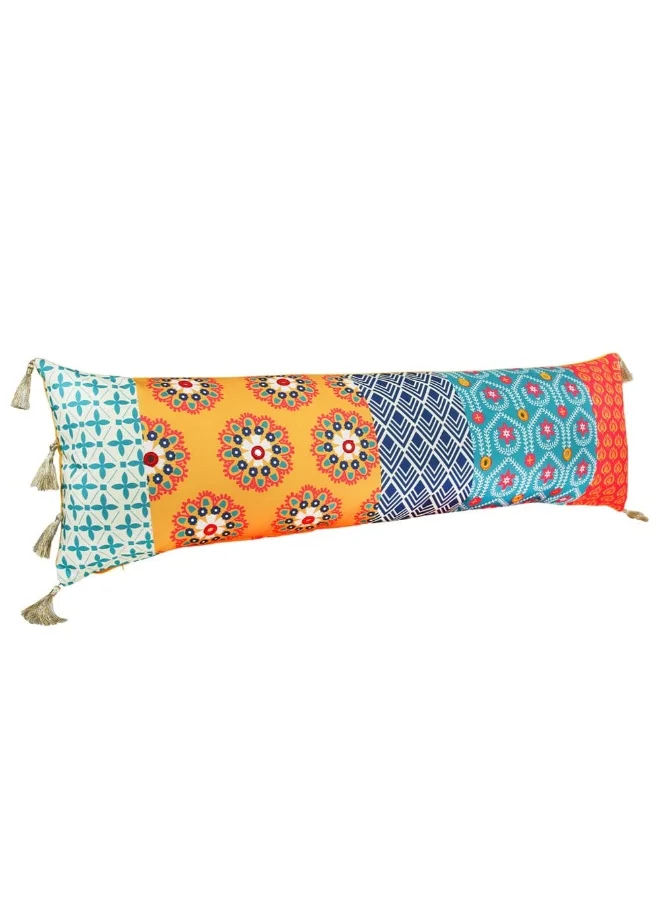 Chumbak Ornate Patchwork Lumbar Pillow Cover - Yellow