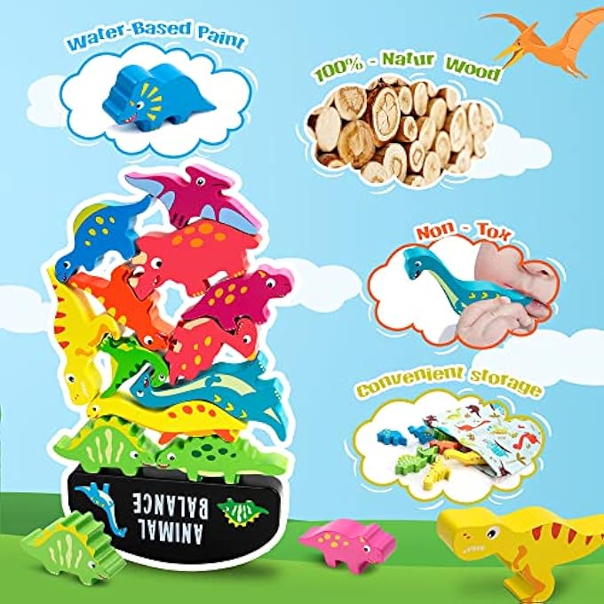 WOODEN STACKING GAMES TOY, DINOSAUR BALANCING ANIMAL STACKING BLOCKS, EDUCATIONAL STACKING BUILDING BLOCKS, MONTESSORI EDUCATIONAL GAME MOTOR SKILLS TOY GIFT FOR CHILDREN FROM 2 3 4 5 YEARS - Image 4