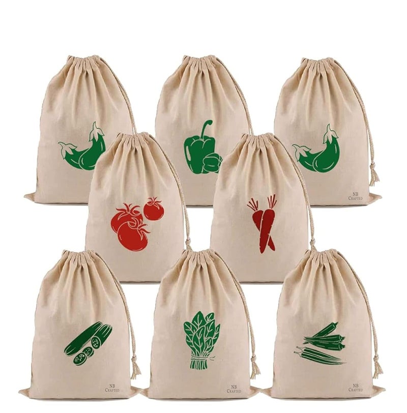 NB Crafted Cotton Bags for Vegetable Storage Fruits Pouch Fridge Produce bags Clothe Muslin Reusable Washable with Drawstrings Size 35 x 27 cm Pack of 8 - Image 1