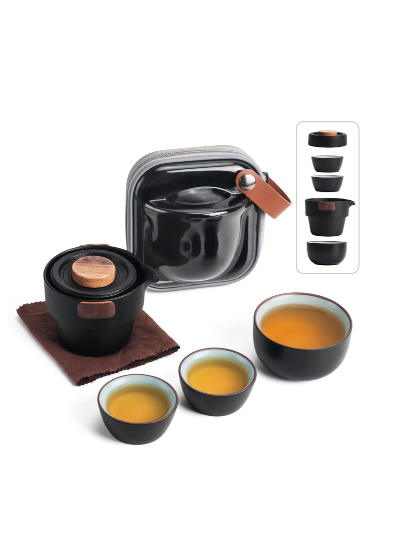 KASTWAVE طقم إبريق شاي محمول، طقم شاي كونغ فو محمول، إبريق شاي سيراميك صيني مصغر مع 3 أكواب في حقيبة سفر واحدة، مثالي للسفر، التخييم، النزهات، أسود - Image 1