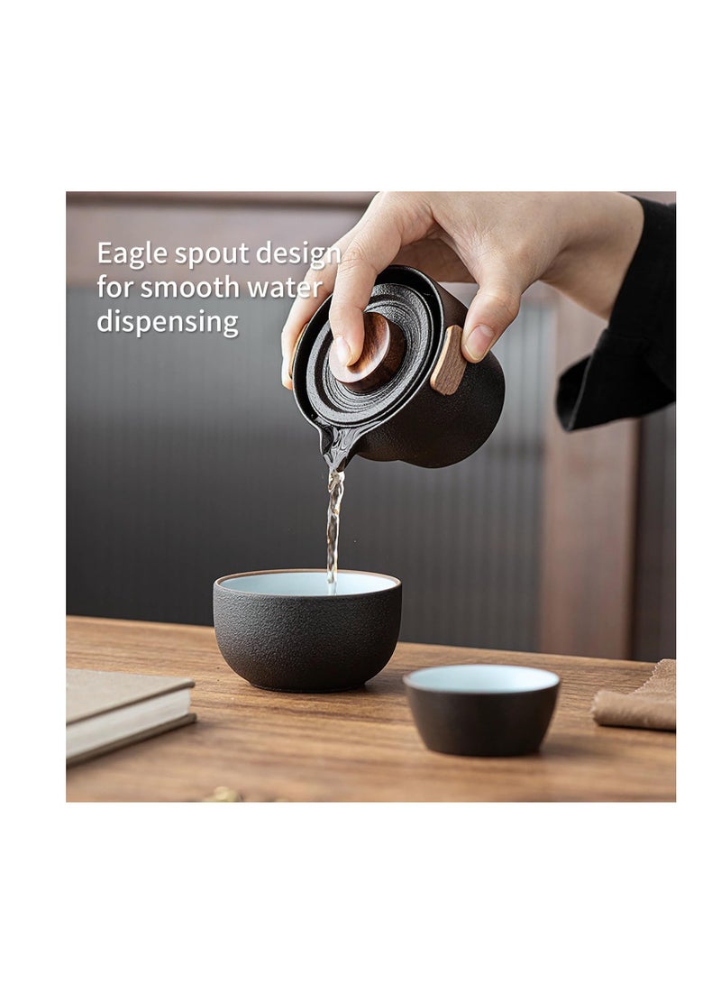 KASTWAVE طقم إبريق شاي محمول، طقم شاي كونغ فو محمول، إبريق شاي سيراميك صيني مصغر مع 3 أكواب في حقيبة سفر واحدة، مثالي للسفر، التخييم، النزهات، أسود - Image 3