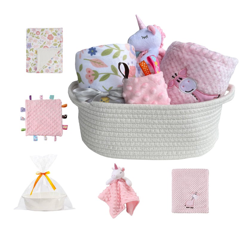 CREVENT Baby Welcome Gift Set Storage Basket with 2 Blankets+ 1 Security Blanket + 1 Taggie + 1 Gift Bag with Ribbon (Pink) - Image 1