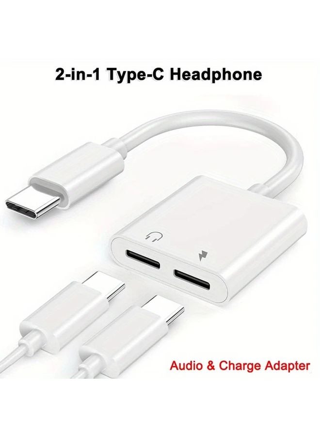 White Dual USB C To Aux Audio Jack And Charging Adapter For iPhone 15 Galaxy S23 Pixel - Image 2