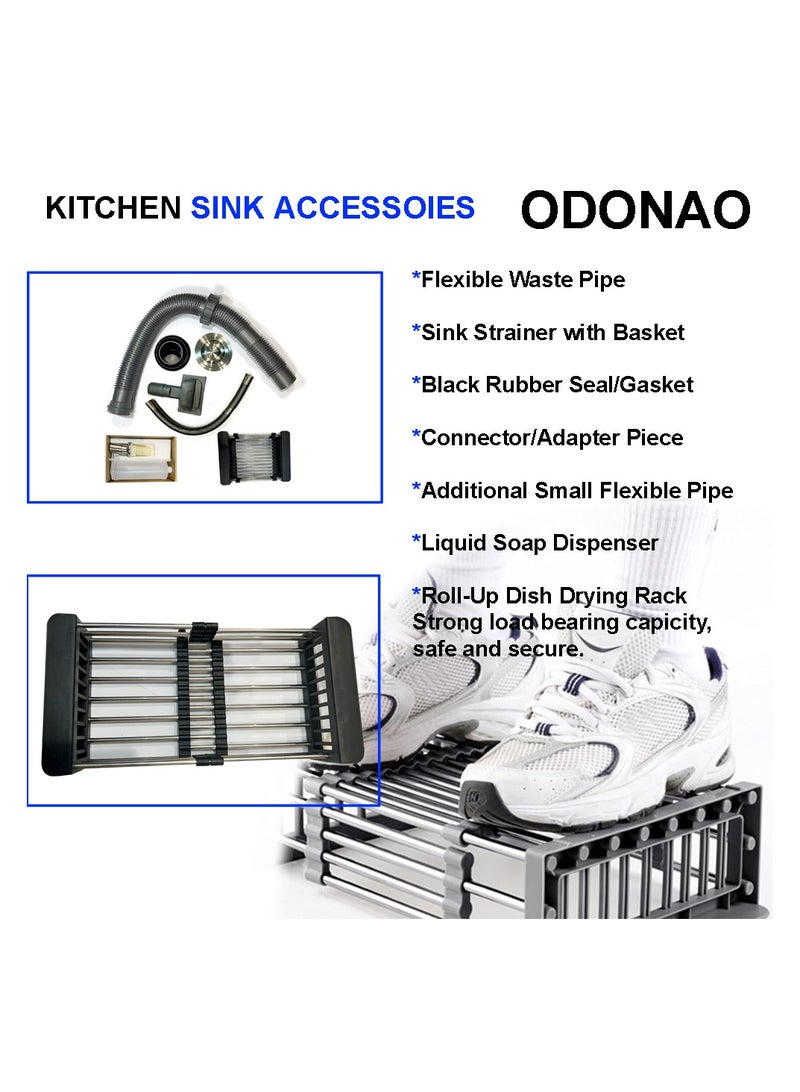 ODONAO Premium Stainless Steel Kitchen Sink, 60x45x22 cm, Chrome Finish, Single Bowl, Durable Modern Design - Image 3