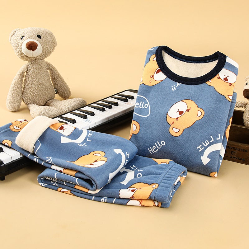 Kids Warm Velvet Cotton Underwear Set Dark blue bear (plus velvet) 