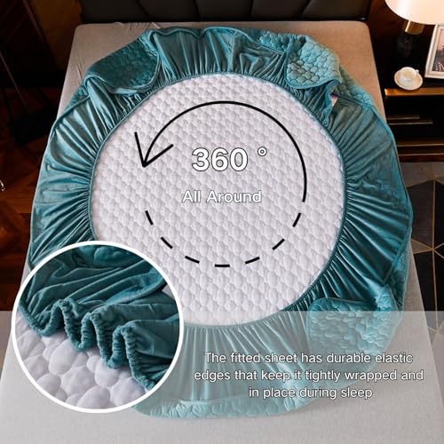 Pangzi Flannel Fitted Sheet,Plush Thicken Mattress Cover Warm Velvety Soft Heavyweight Non-Slip Protective Cover Around Winter Warm Fuzzy Bottom Sheet (Queen,Green) - Image 5