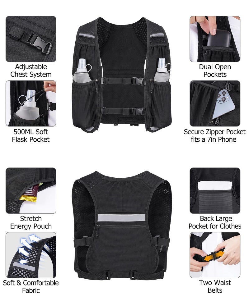 NOOLA Running Vest for Women Men, Lightweight Hydration Vest with Dual 500ML Soft Flasks, Water Backpack Hydration Pack, Adjustable Running Tail Chest Bag for Hiking Race Marathon Cycling (Black) - Image 4