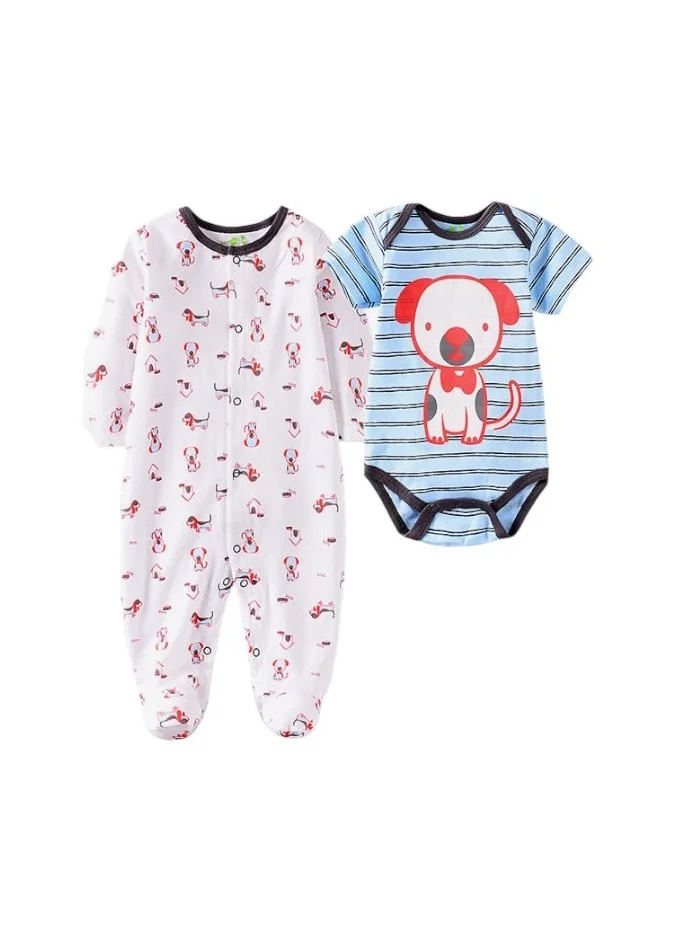 Bambimici Bambimici Dog Print 2-Piece Body Suit with bib - White & Blue