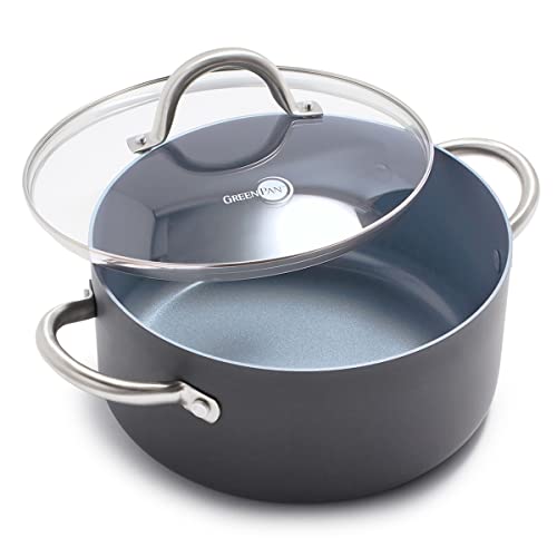 Greenpan وعاء طهي غير لاصق GreenPan Lima سعة 5.2QT مع غطاء زجاجي، خالي من المواد السامة PFAS، طهي سيراميك، أواني مطبوخة بأكسيد صلب، آمنة في الفرن والشواية، مقابض من الفولاذ المقاوم للصدأ، رمادي - Image 1