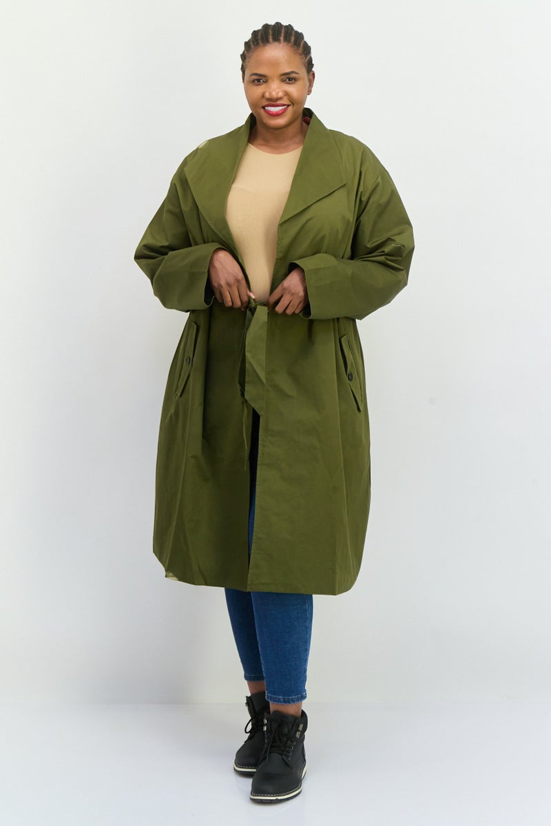 Unique21 Women Plain Belted Trench Coat, Dark Olive - Image 1