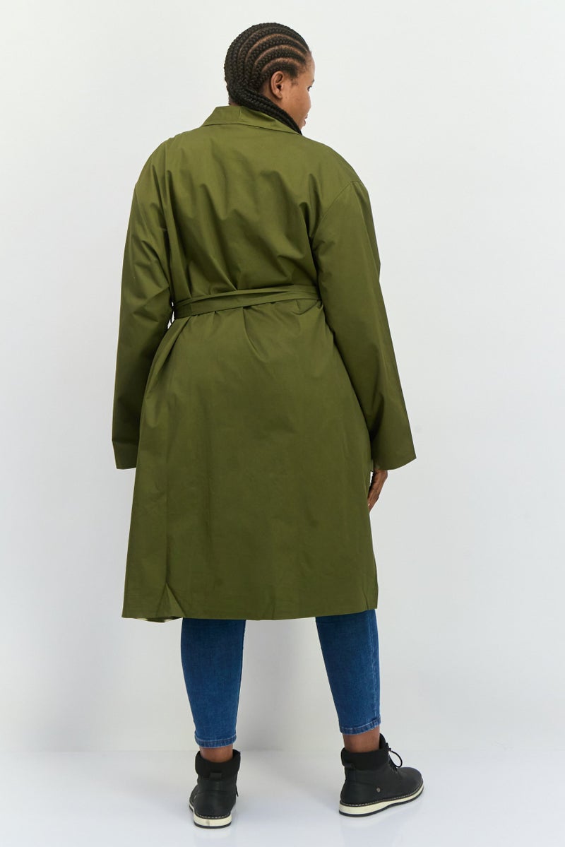 Unique21 Women Plain Belted Trench Coat, Dark Olive - Image 3