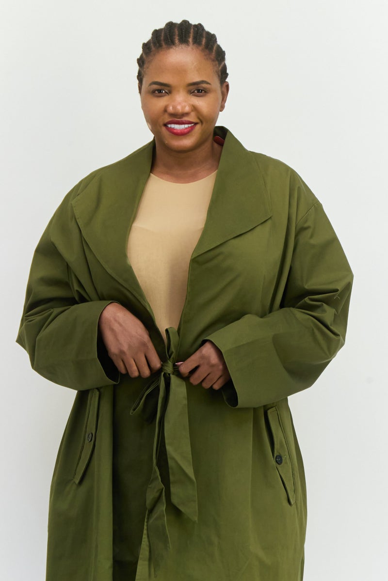 Unique21 Women Plain Belted Trench Coat, Dark Olive - Image 2