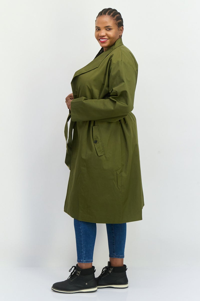 Unique21 Women Plain Belted Trench Coat, Dark Olive - Image 4