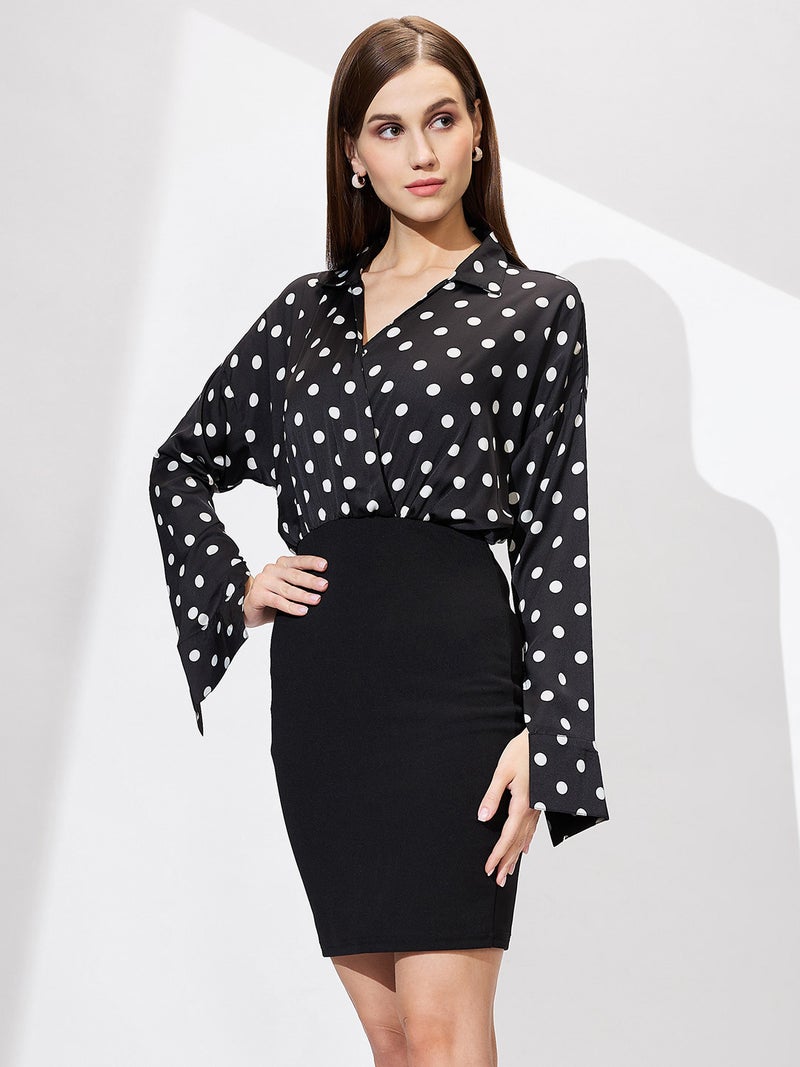 globus Globus Women Shirt Collar Cuffed Sleeves Polka Dots Satin Gathered Mini Bodycon Workwear Dress  - Image 2