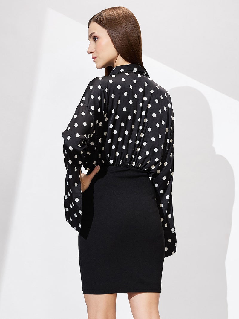 globus Globus Women Shirt Collar Cuffed Sleeves Polka Dots Satin Gathered Mini Bodycon Workwear Dress  - Image 3