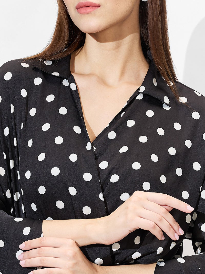 globus Globus Women Shirt Collar Cuffed Sleeves Polka Dots Satin Gathered Mini Bodycon Workwear Dress  - Image 4