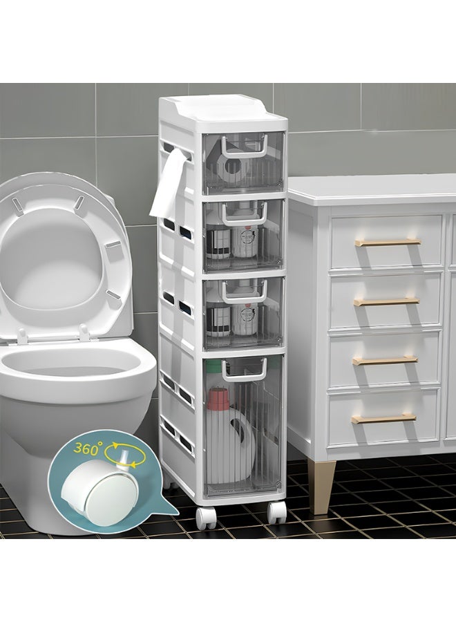 ايست من نون خزانة تخزين حمام رفيعة بأربعة طبقات مع أدراج وصندوق مناديل، عربة حمام ضيقة متحركة مقاومة للماء وبدون تركيب للمساحات الصغيرة في المطبخ وغسيل الملابس وغرفة المعيشة - Image 1