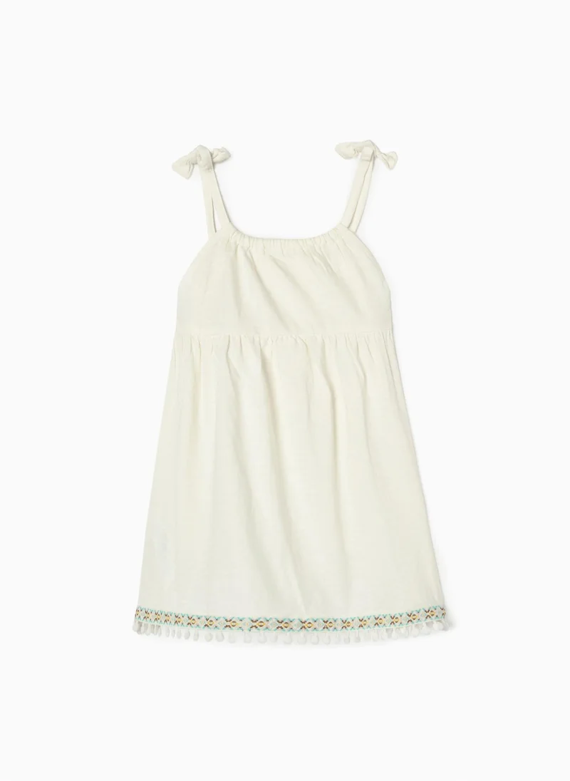 زيبي Strappy Top With Embroidery and Pompoms for Girls, White