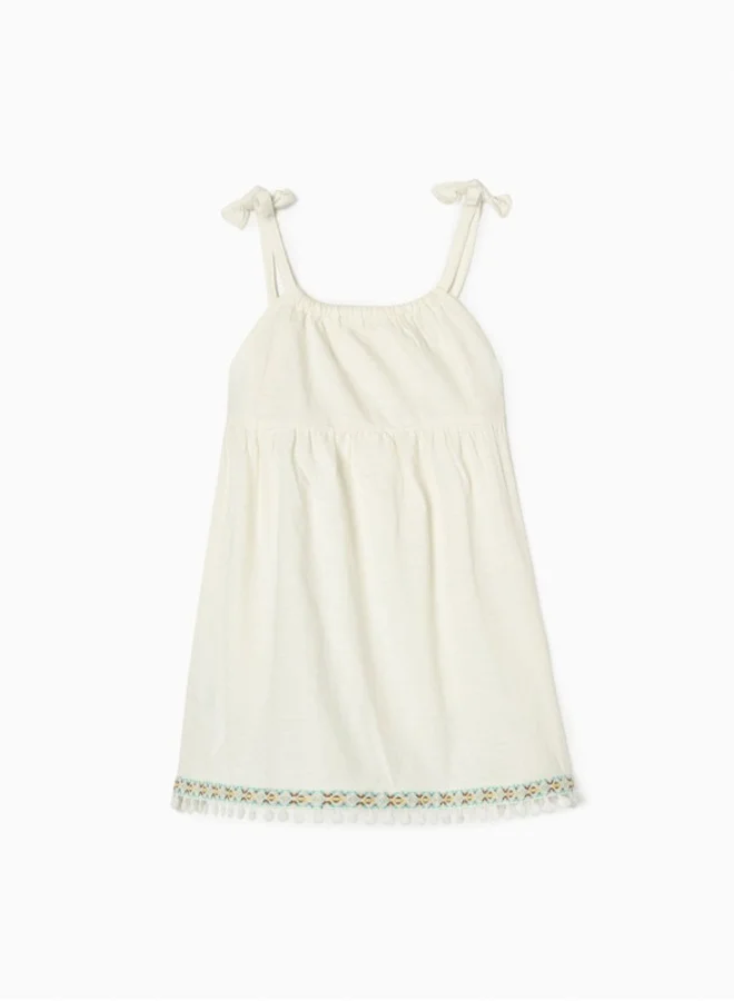 زيبي Strappy Top With Embroidery and Pompoms for Girls, White