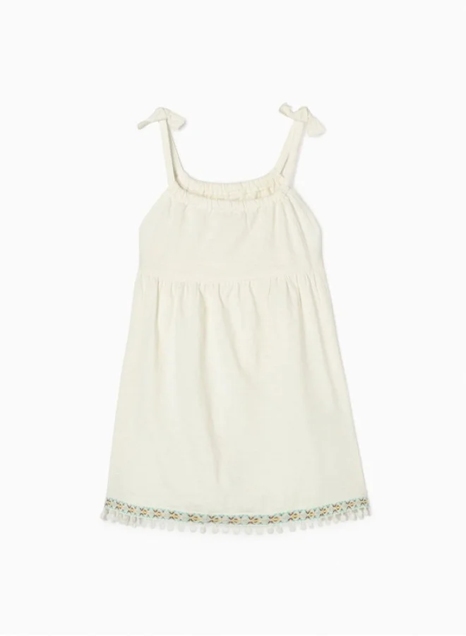 زيبي Strappy Top With Embroidery and Pompoms for Girls, White