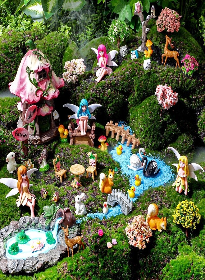 Poen 106 Pcs Fairy House Garden Figurines Kit Resin Fairy Garden Accessories Outdoor Micro Landscape Terrarium Ornaments Wildflower Butterfly Mushroom Party Supplies Micro Landscape for DIY Dollhouse - Image 1