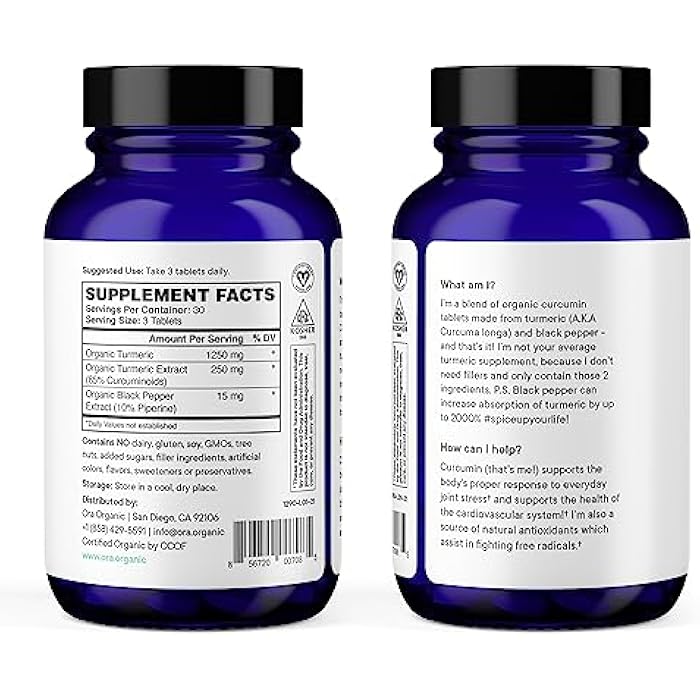 Ora Organic Turmeric Curcumin with Piperine - Pure Extracts for Joint Stress and Cardiovascular Health, Support Healthy Cognitive Function, No Filler Ingredients - 90 Vegan Tablets, 1 Month Supply - Image 4
