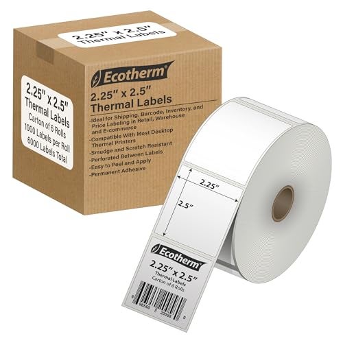 Ecotherm 2.25" x 2.5" Thermal Labels | 6 Rolls | 6000 Labels | fits Zebra, Munbyn, Rollo, Godex, Arkscan, iDPRT, Offnova Thermal Label Printers and More | Blank White Adhesive Stickers by Ecotherm - Image 1