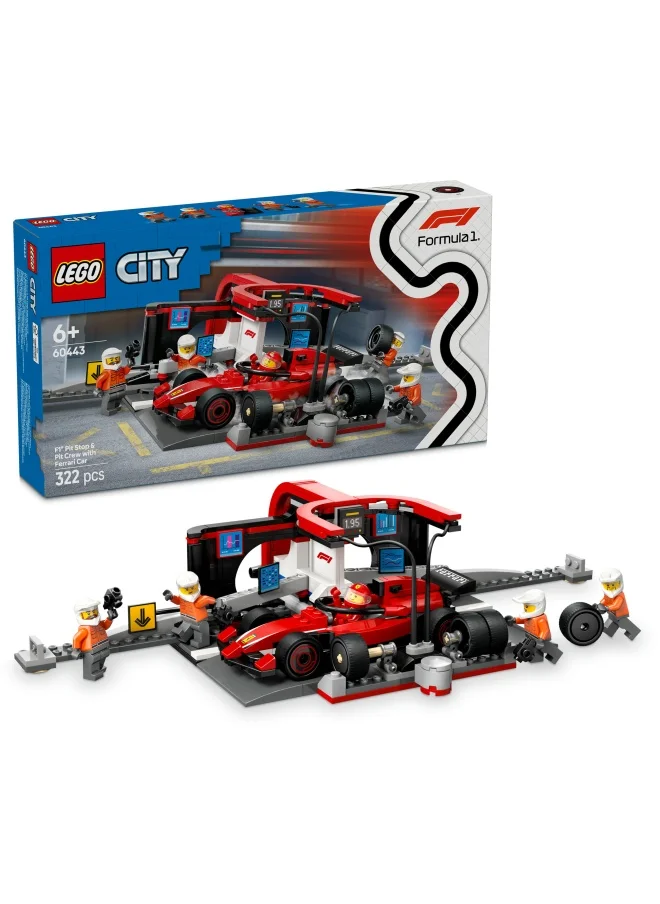 ليغو LEGO City F1 Pit Stop & Pit Crew with Ferrari Car Toy - Formula 1 Set incl. a Driver Minifigure, 4 Mechanics, Spare Tyres & Wheel Guns - Building Toys for 6+ Year Old Boys & Girls - 60443