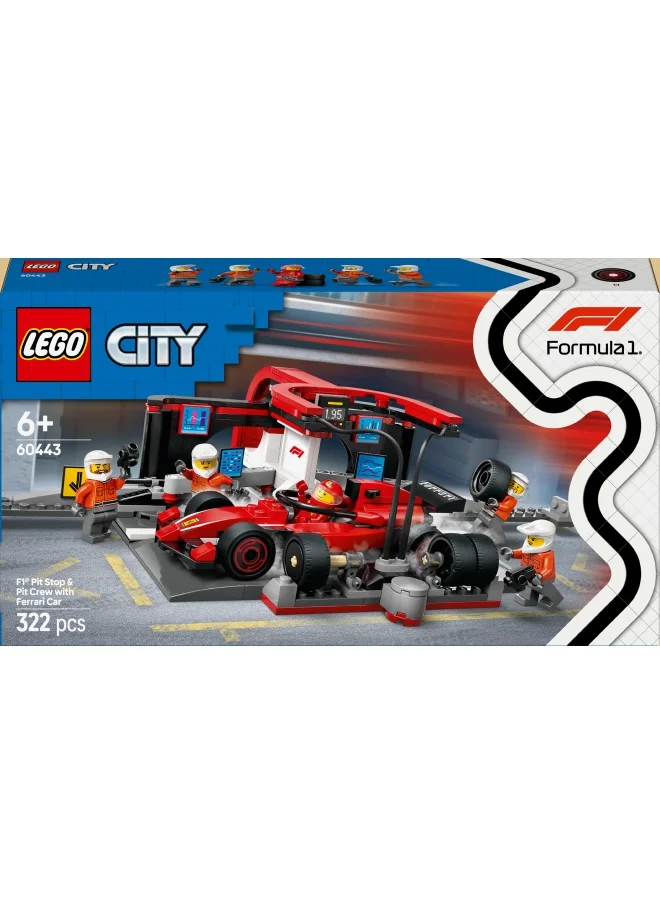 ليغو LEGO City F1 Pit Stop & Pit Crew with Ferrari Car Toy - Formula 1 Set incl. a Driver Minifigure, 4 Mechanics, Spare Tyres & Wheel Guns - Building Toys for 6+ Year Old Boys & Girls - 60443