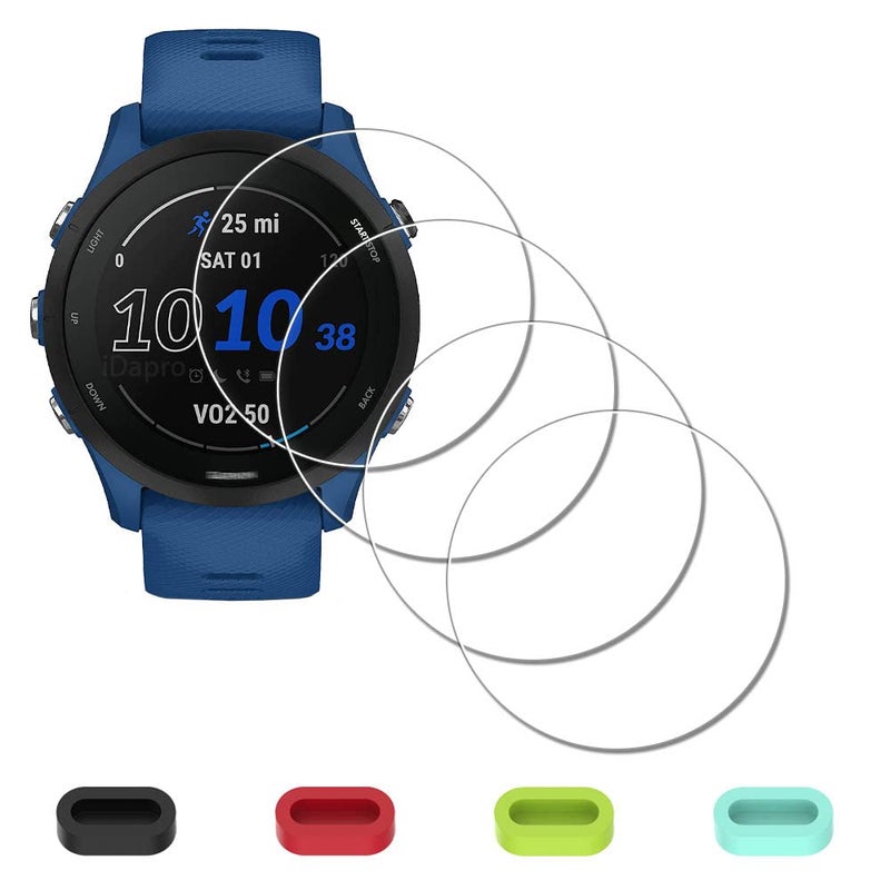 iDaPro [4 Pack] Screen Protector for Garmin Forerunner 255/255 Music 46mm Smartwatch + Silicone Anti-dust Plugs Tempered Glass Anti-Scratch Bubble-Free - Image 1