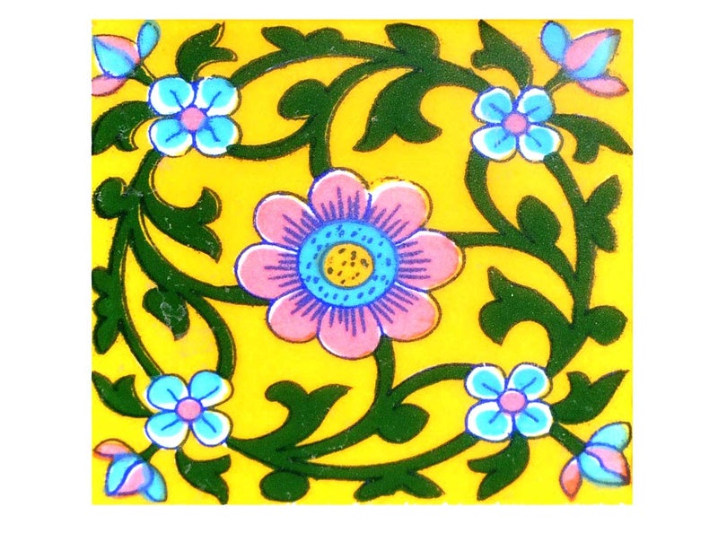 Shiv Kripa Blue Pottery Shiv Kripa Blue Pottery Floral Decorative Handmade Kitchen Washroom Tile Tabletop Interior Exterior Plywood Flooring Wall Tile 4 x 4 Inch Pack of 6 Tiles Yellow Multi 