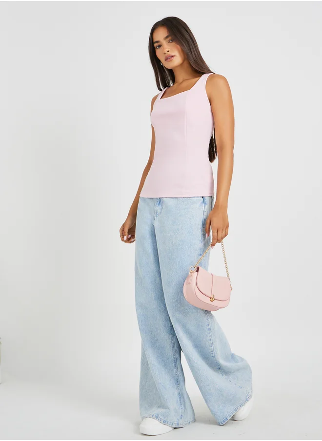 Styli Solid Square Neck Strappy Top