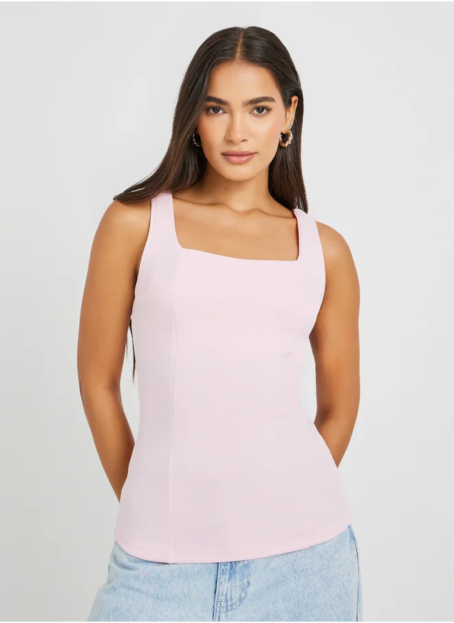 Styli Solid Square Neck Strappy Top