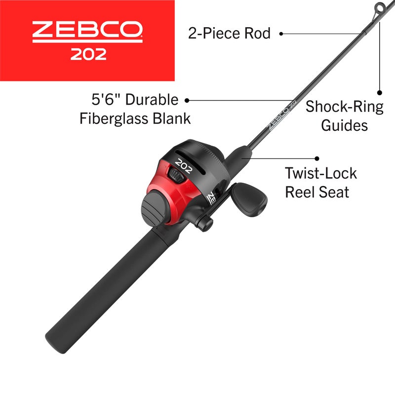 Zebco 202 Spincast Reel and Fishing Rod Combo, 5-Foot 6-Inch 2-Piece Fishing Pole, Size 30 Reel, Right-Hand Retrieve, Pre-Spooled with 10-Pound Cajun Line, Black/Red - Image 2