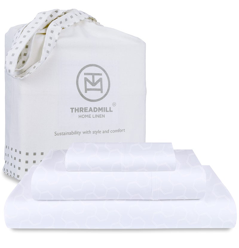 Threadmill Threadmill 500 Thread Count Twin Size 3 Pc Luxury Cotton Bedding Set  Jacquard Floria Hotel White  Breathable Sheets with 15"" Elasticized Deep Pocket  1 Pillowcase & Free Tote Bag  - Image 1