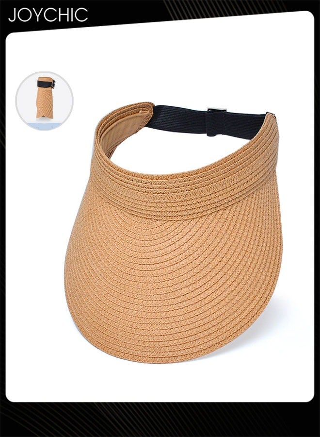 Joychic قبعة شمسية نسائية صيفية بتصميم كوري مع فتحة، قبعة قش قابلة للطي للسفر في الهواء الطلق مع حافة عريضة - Image 2