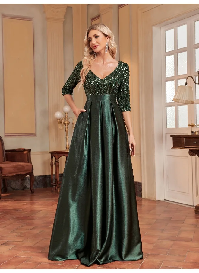 Madam Uniq Emerald Green V-Neck Sequin Elegant Midi Dress for Parties