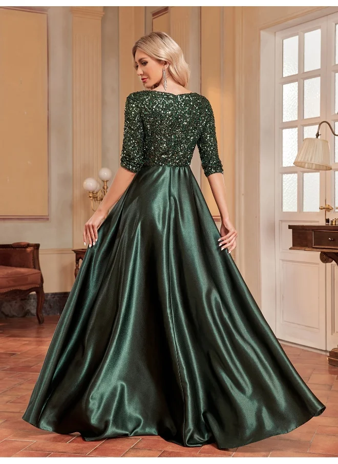 Madam Uniq Emerald Green V-Neck Sequin Elegant Midi Dress for Parties