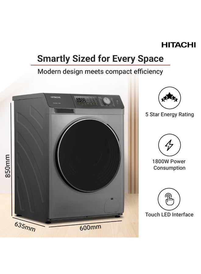 HITACHI Front Load Washer Dryer Wash / 6kg Dry, Inverter, 1400 RPM, Steam Hygiene, Hot Wash, Anti-Wrinkle, Tub Clean, LED Touch Panel, 1-Hour Wash & Dry | 9.5 kg 1800 W BD-D954HVOS Dark Grey - Image 3