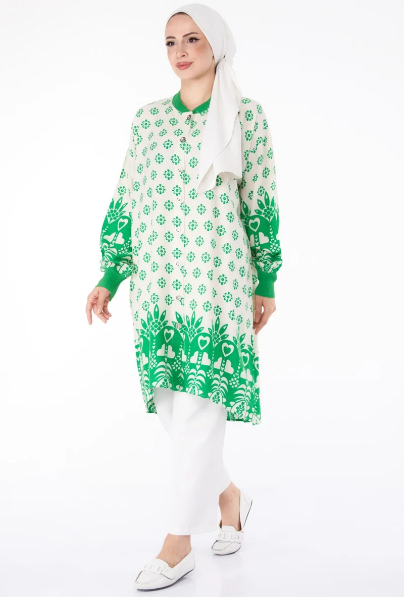 Tofisa Plain Judge Collar Women's Green Buttoned Patterned Tunic - 25623