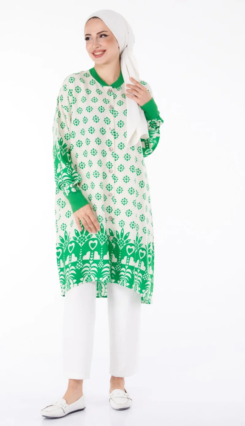Tofisa Plain Judge Collar Women's Green Buttoned Patterned Tunic - 25623