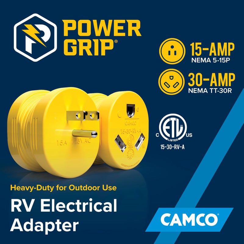 Camco Heavy Duty RV Auto PowerGrip Adapter- Contoured Shape for Easy Grip and Removal, 15M/30F (15M, 30 Amp, 125 V, 1875 W) (55223) - Image 2
