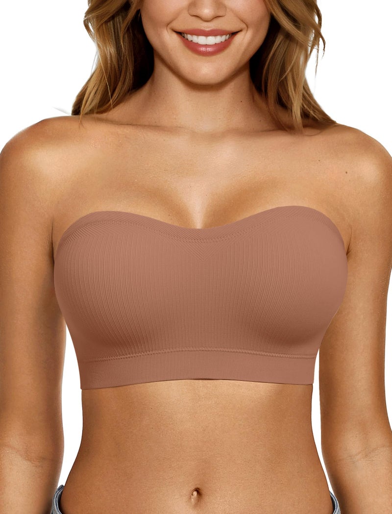 LetsJoli Push Up Strapless Bras for Women Tube Top Bra Supportive Bandeau Bra Non Slip Wireless No Underwire Padded Bralettesï¼ˆBrown,S - Image 1