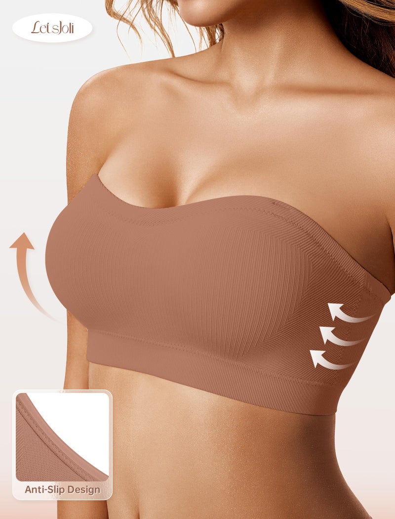 LetsJoli Push Up Strapless Bras for Women Tube Top Bra Supportive Bandeau Bra Non Slip Wireless No Underwire Padded Bralettesï¼ˆBrown,S - Image 2