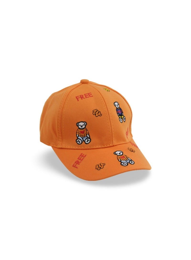 Fancy Unisex Cotton Cap – Orange with Teddies Embroidery - Image 1