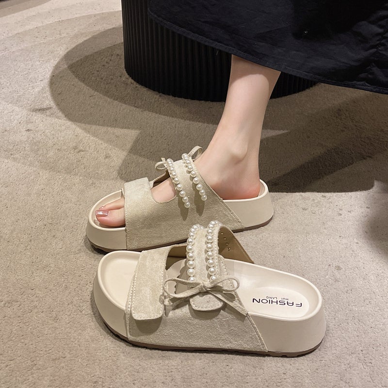 Sweet 2025 Bow Mule Shoes with Pearl Design, Toe-Cap Half Slippers, New European Style Lazy Shoes for Outer Wear - Image 1
