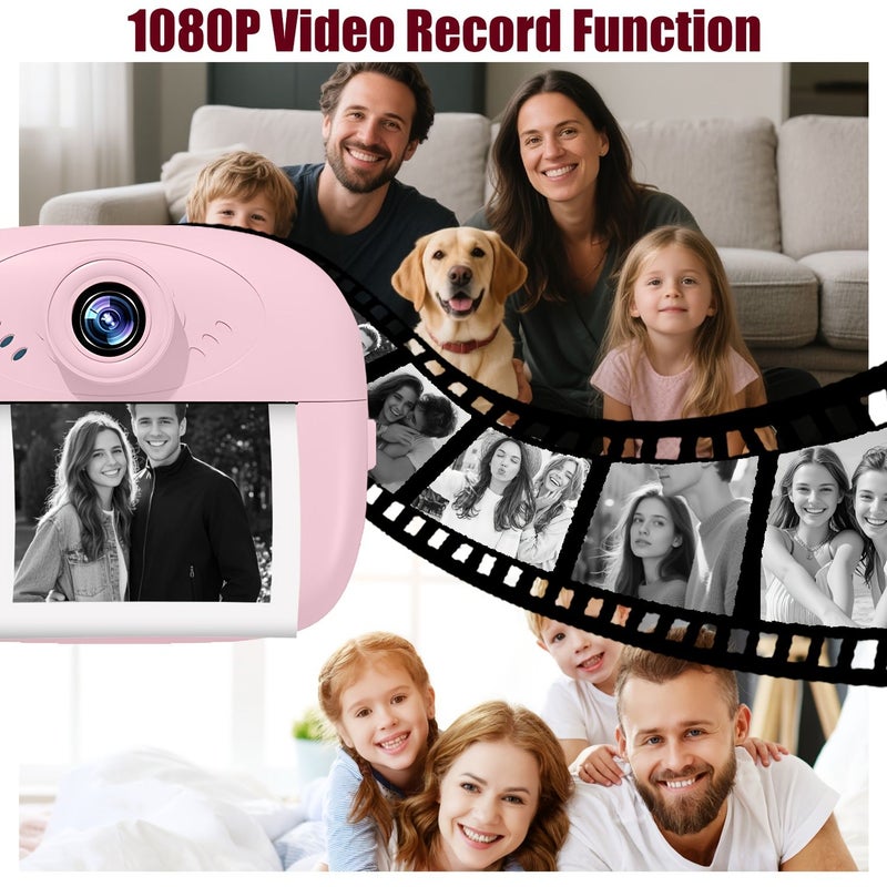 كاميرا تصوير فورية وردية للأطفال بدقة 1080p وشاشة 2.4 بوصة مع ورق حراري - Image 3